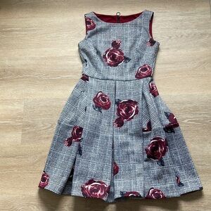 Grey houndstooth & rose print floral neoprene fit and flare tea length dress